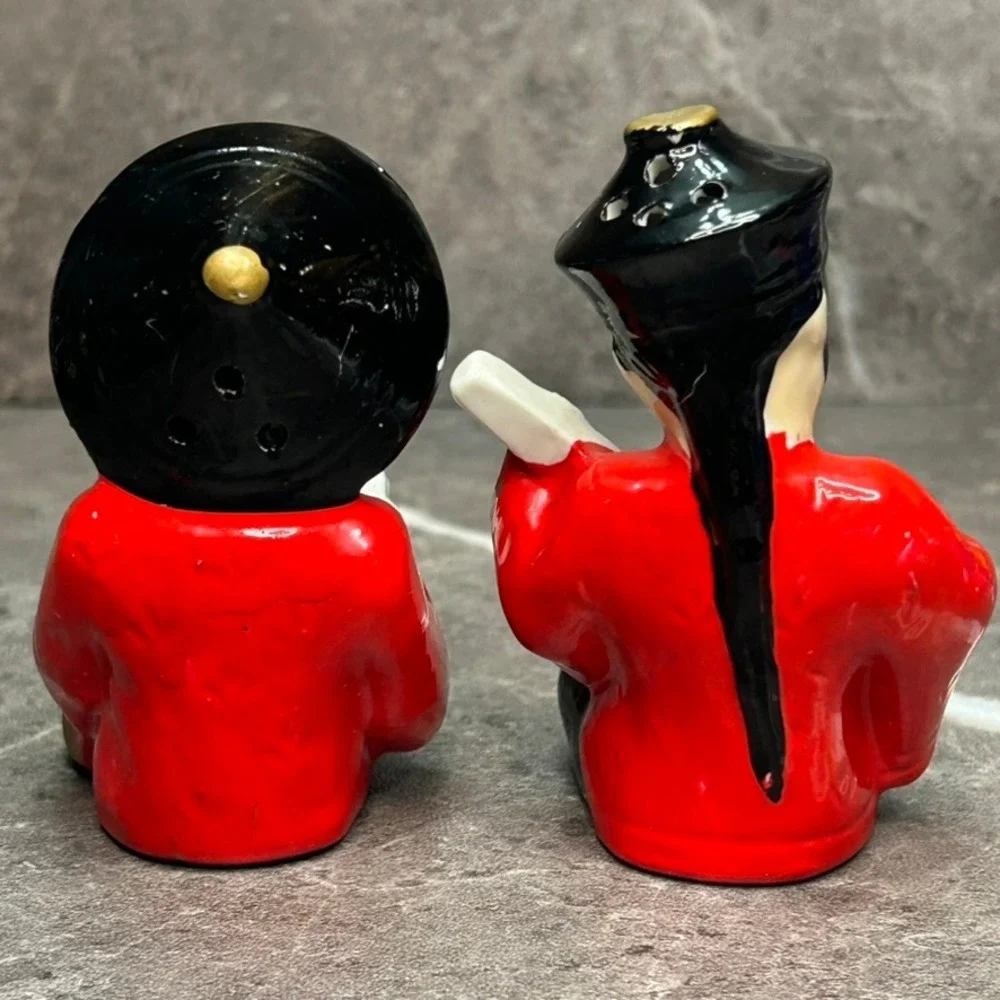 Vintage Asian Boy and Girl Ceramic Salt and Pepper Shakers Red Black Gold Set